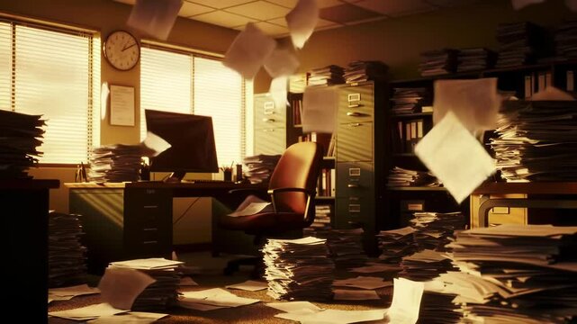 Papers and files scattered in office. Overwhelmed Office Paper Tornado in a Workplace