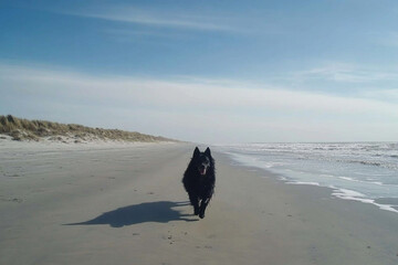 Dog joyfully running on the beach during a sunny day with waves gently lapping at the shore
