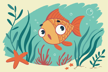 11 Underwater scene, cartoon goldfish, orange scales, big eye, red starfish, sea plants, aqua background, bubbles, sandy bottom, watercolor texture, children's book illustration style, vibrant colors,