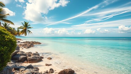A pristine tropical beach boasts calm turquoise water, white sand, palm trees, and dark rocks under a vibrant blue sky with fluffy clouds.