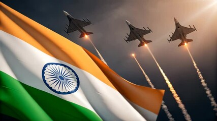 Indian Flag Waving Proudly with Fighter Jets Soaring Above
