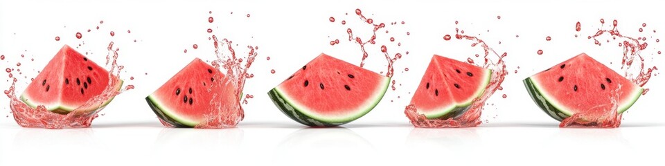 Fresh Watermelon Slices with Splashing Water on White Background