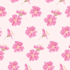 Seamless floral pattern, romantic ditsy print with delicate sakura buds. Pretty botanical design of hand drawn pink flowers in abstract composition. Feminine fashion print. Vector illustration.