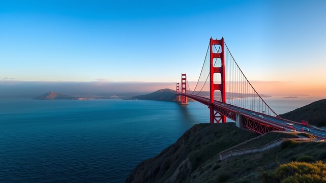 A majestic panoramic view of the iconic Golden Gate Bridge at sunrise over the tranquil San Francisco Bay.