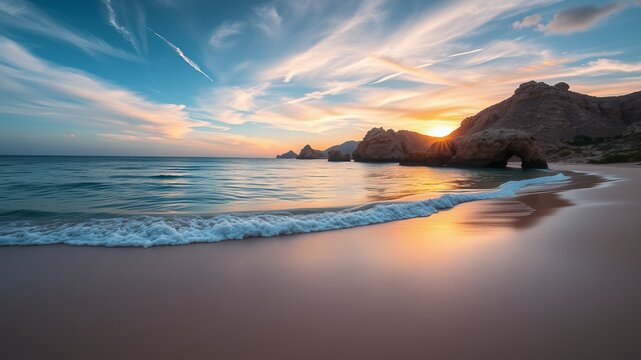 A breathtaking sunset paints the sky vibrant hues as gentle waves caress a pristine sandy beach near dramatic rock formations.