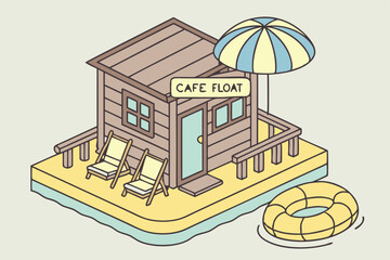 12 Miniature floating cafe, circular yellow raft, blue and yellow striped umbrella, wooden cabin structure, cafe float sign, chairs on deck, calm turquoise water, reflections, isometric view, 3D rende
