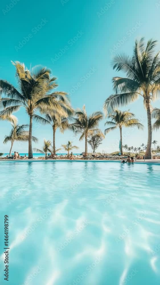 Poster tourists are relaxing at a luxury resort infinity pool overlooking a beautiful tropical beach with p