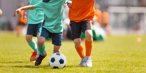 Young Soccer Players Competing for the Ball During a Youth Match on a Sunny Day