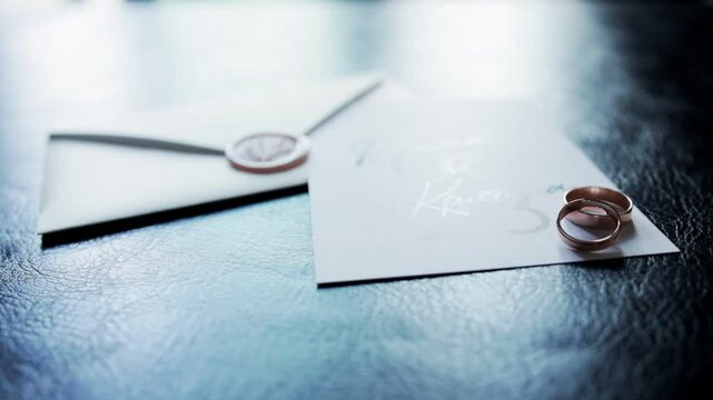 red rose petals falling on wedding rings on table. Slow mo