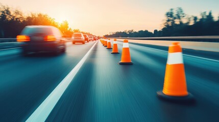 Cars drive on a highway past orange traffic cones during sunset, indicating roadwork or a construction zone.