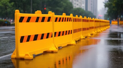 Yellow plastic barricades line a wet city street on a rainy day, blocking access and reflecting on the slick pavement.