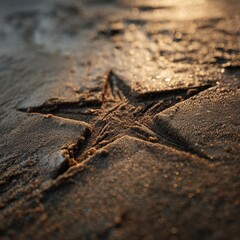 Close-up view of a star-shaped design in wet sand.
