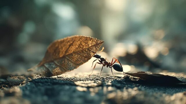 Close-up macro shot of an ant carrying a leaf on rough forest ground, symbolizing strength, determination, and teamwork in nature.

