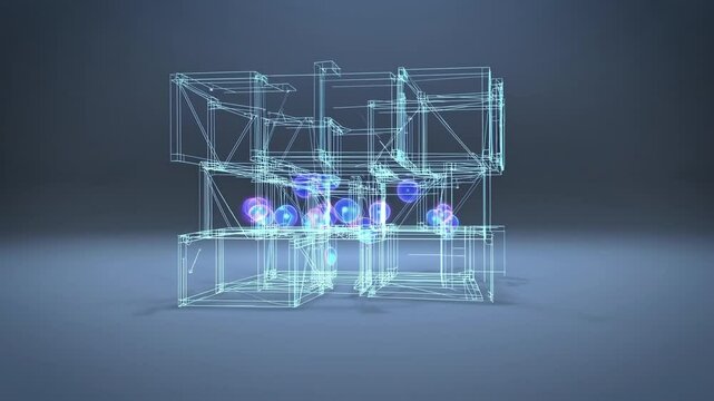 Minimal holographic folder icon floats above the ground, surrounded by subtle lighting in a digital presentation space.