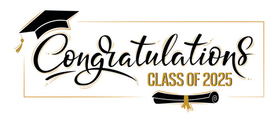 Fototapeta na wymiar Congratulations Class of 2025 greeting sign. Congrats Graduated. Congratulating banner. Handwritten brush lettering. Isolated vector text for graduation design, poster, invitation, greeting card