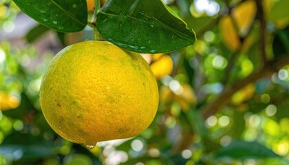 Vibrant Citrus in Nature: A close-up shot of a ripe, juicy orange hanging from its tree branch, against a backdrop of sun-dappled foliage, evokes feelings of freshness, and the abundance of nature.