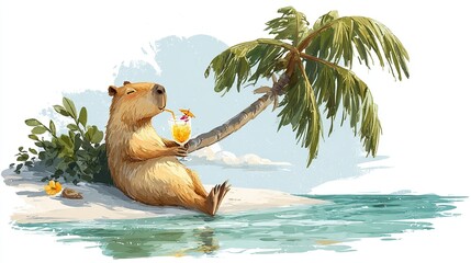 Illustration cute print animal capybara relaxing on tropical beach with refreshing drink under palm tree, summer holidays