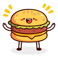 Happy cheerful cute hamburger character, excited burger mascot, doodle cartoon, kawaii isolated vector illustration