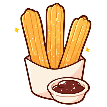 Crispy churro sticks in paper cone bag with bowl of chocolate sauce dip cream, doodle isolated cute clean and simple cartoon vector illustration