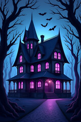 Eerie Purple-Lit Haunted House Under a Crescent Moon