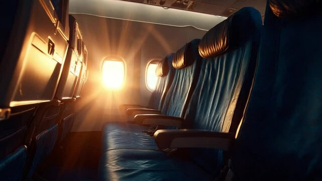 Interior of an airplane cabin with empty blue seats illuminated by sunrise through window
