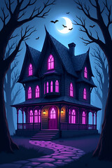 Fototapeta premium Eerie Purple-Lit Haunted House Under a Crescent Moon