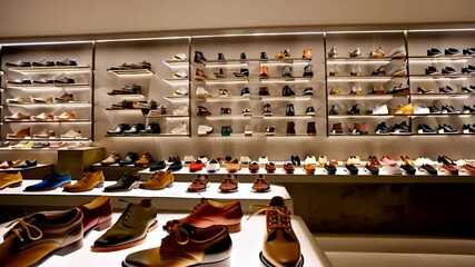 A well-lit shoe store interior with a wide variety of footwear on display. The shelves are stocked with shoes of different styles, colors, and sizes, showcasing a diverse selection for customers.