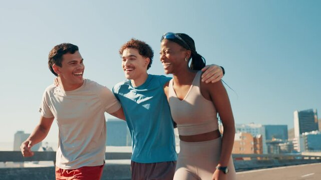 City, people and friends with hug for fitness, marathon challenge and conversation with laughing. Bridge, men and woman with communication for exercise, support and walking together after training