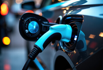 Electric vehicle charging with a blue connector at a modern station