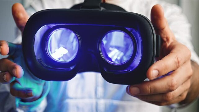 Person in a white jacket holding a VR headset directly toward the camera, lenses glowing blue in a clean, tech-focused setup.
