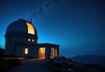 Obraz premium A historic observatory dome illuminated against a starry night sky with mountain silhouettes in the background