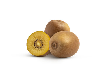 Golden kiwi fruit and half isolated on white background. Group of golden kiwis.