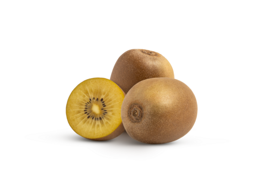 Golden kiwi fruit and half isolated on white background. Group of golden kiwis.
