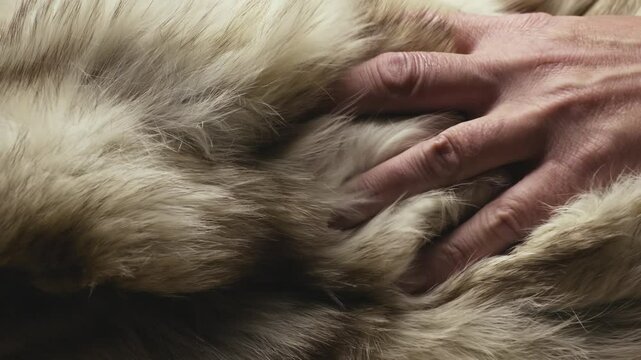 Close-up of man's fingers softly stroking a luxury mink fur coat