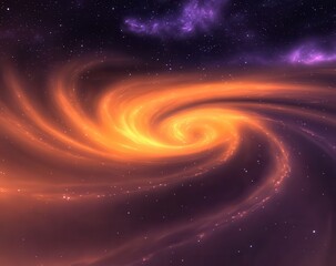 Fototapeta premium A dark space background with swirling nebulae and stars, glowing in orange and purple hues. The sky is filled with galaxies, creating an otherworldly atmosphere. In the foreground.