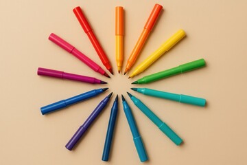 Naklejka premium A set of markers neatly arranged in a circle on a beige background.