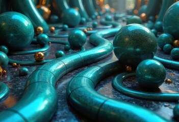 Abstract composition featuring turquoise tubes and spheres in a dynamic arrangement