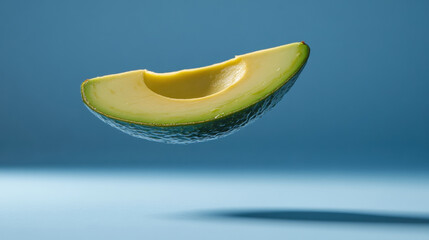 a flying slice of avocado, isolated on a blue background.