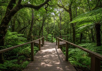 Obraz premium Wooden boardwalk path leading through a dense, lush green subtropical rainforest landscape