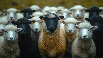 Fototapeta premium Close Up Photo Of A Flock Of Sheep With Black And White Wool