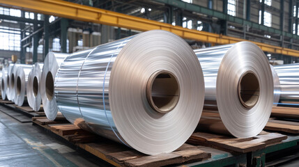 product of Aluminum copper alloy. Steel hot roll coil in warehouse. Rolls of aluminum sheet.  metal tile for roof in metallic forming machine production line in factory. Cold rolled steel coils 