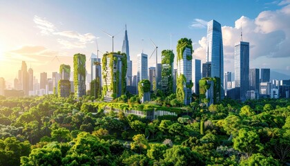 Green City with Buildings and Trees