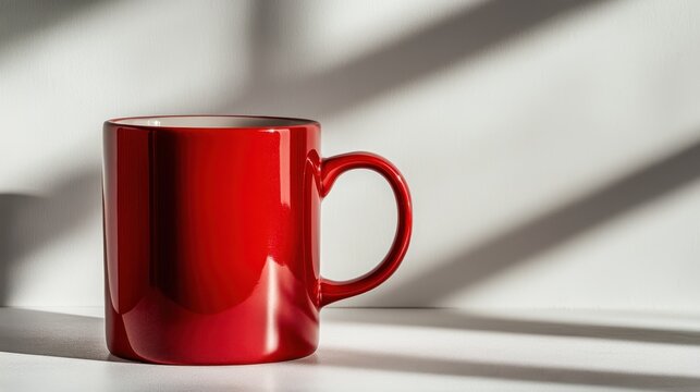 A vibrant red mug sits elegantly on a clean white surface, beautifully lit to showcase its glossy finish and bold color, making it a striking focal point in the composition.