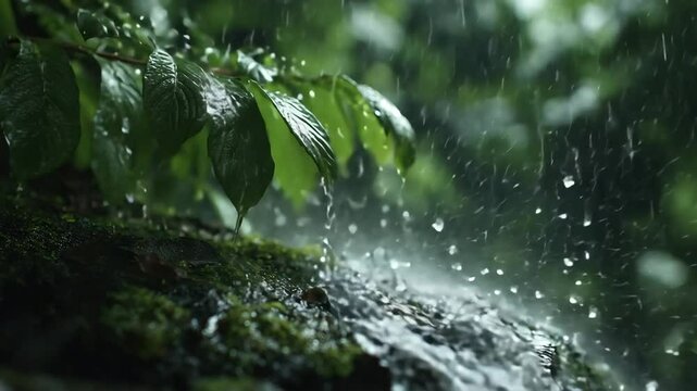 Slow motion rain falling on lush green forest leaves and mossy ground, creating a peaceful and refreshing nature ambiance.

