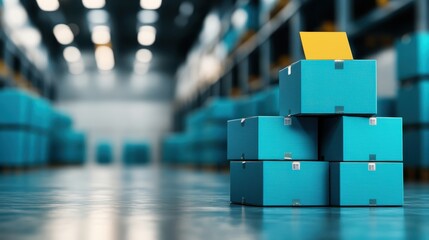 Blue storage boxes stacked neatly in a modern warehouse, showcasing organization and efficiency in logistics and inventory management.