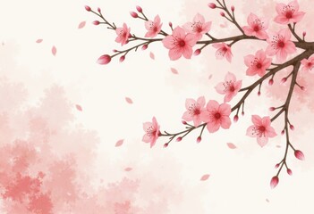 Fototapeta premium Beautiful cherry blossom branch with pink flowers and petals on a soft background