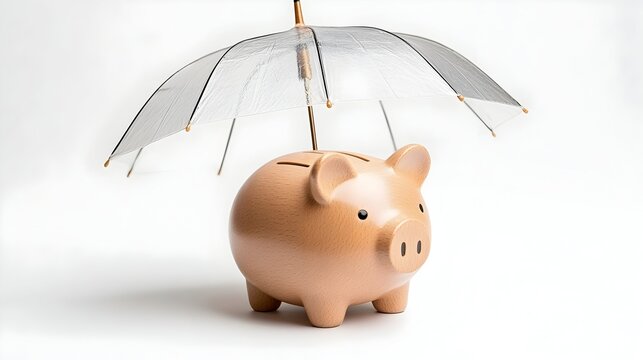 A piggy bank protected by a transparent umbrella, symbolizing financial security and safeguarding savings