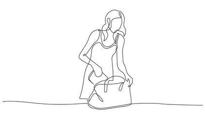 Woman Collects a Bag Continuous One Line Drawing. Woman Silhouette Linear Style. Lifestyle Concept in Editable Stroke. Woman with Bag Doodle Contour Vector Illustration