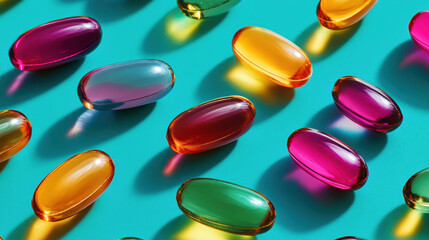 Vitamin E soft gel capsules, vitamin D3, fish oil, omega 3, Green oil pills on a white background. A lot of colorful medication and pills. Assorted pharmaceutical medicine pills. 3d illustration
