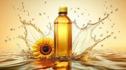 plastic transparent sunflower oil bottle with oil splashes around it on a gold background.